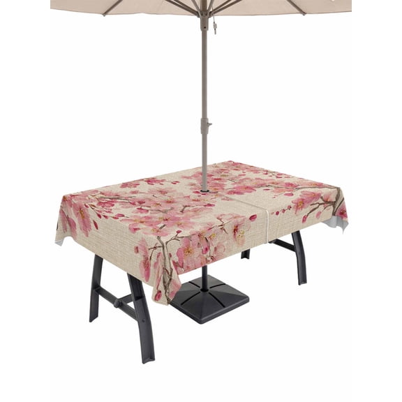 Peaches Branches Outdoor Tablecloth - 52x70 Inch Rectangle Dining Table Cover, Farmhouse Spring Botanical Pink Flowers Waterproof Outdoor Table Cloth with Umbrella Hole & Zipper for Picnic/Patio