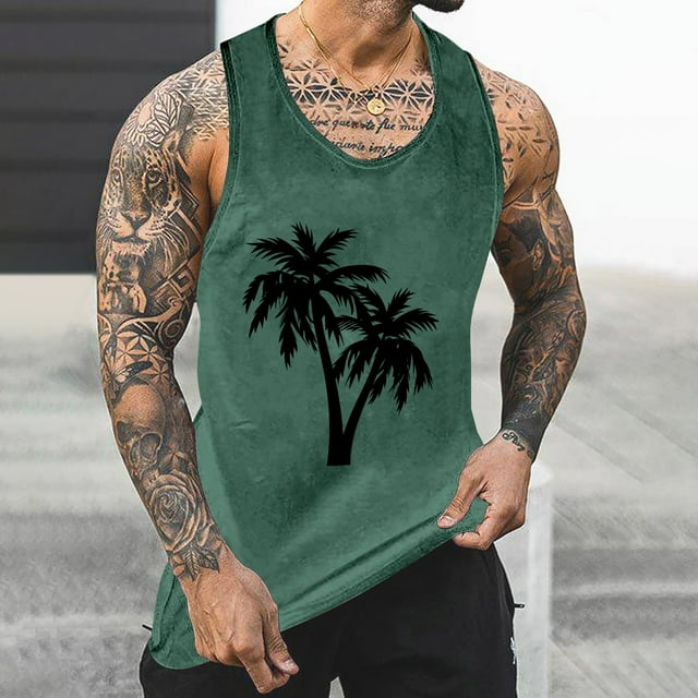 Liquidation Horkkom Débardeur Homme Imprimé Palmier Col Rond T-Shirts Sans Manches Été Décontracté Gym