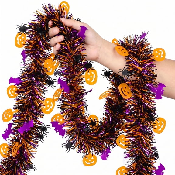 Halloween Garland Decorations, 50Ft Glitter Tinsel Pumpkin Bats Spider Garland Decor for Indoor Outdoor Holiday Home Burnt Orange Black Purple (Purple)