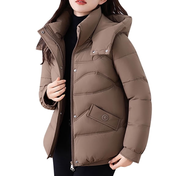 XPMWRP Women's Quilted Puffer Thickened Hooded Jacket Casual Zipper Coat Solid Color Winter Warm Outerwear with Pockets Brown XXL