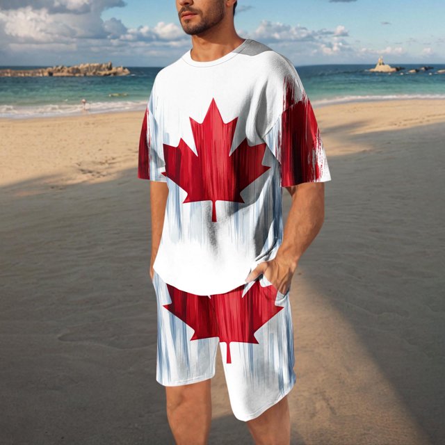 Weiqiqre Drapeau du Canada Tee-Shirt à Manches Courtes pour Hommes T-Shirt Classique Imprimé Col Rond Ensemble Chemises et Shorts