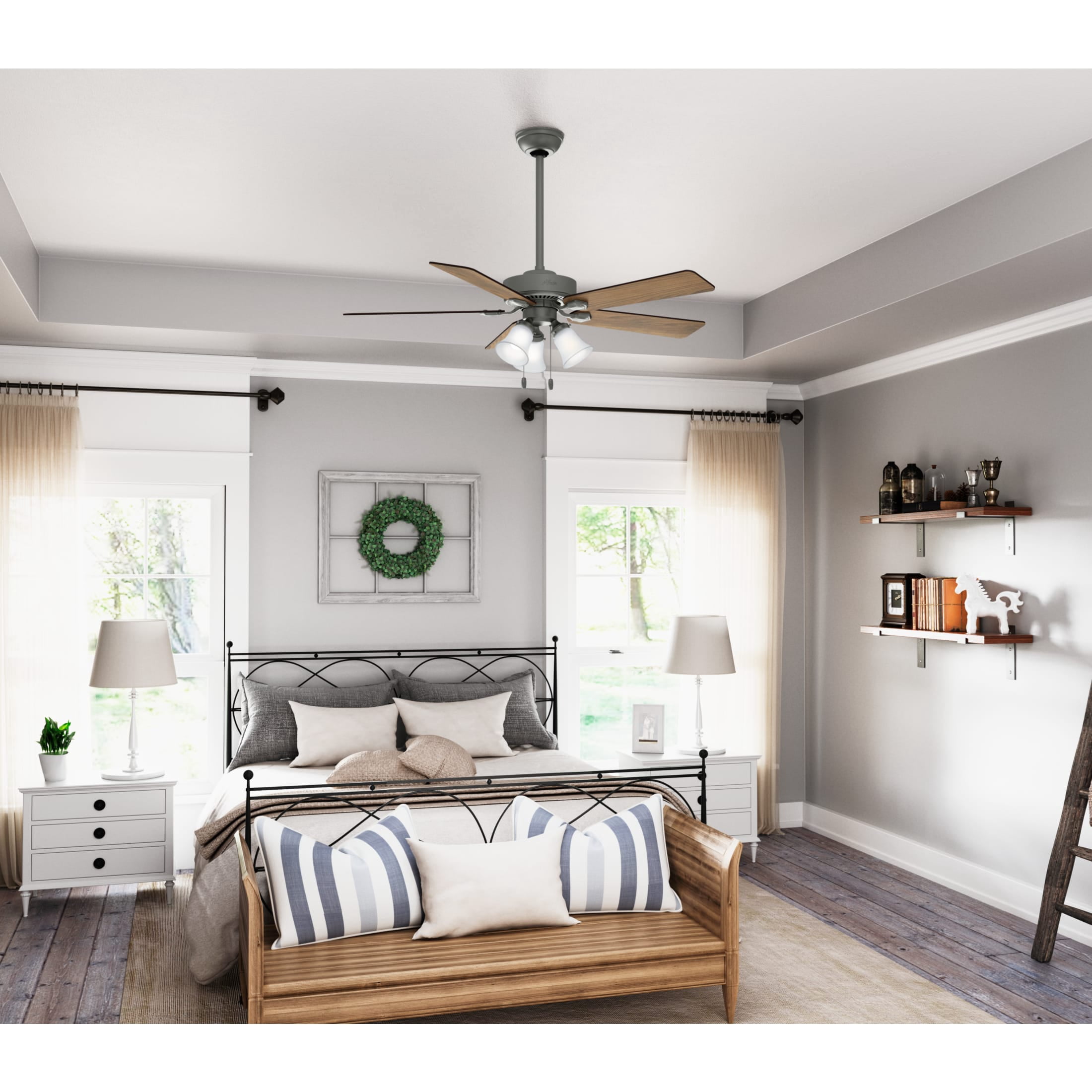 Hunter 52 inch Indoor Ceiling Fan with LED Lights - Ceiling Fan with Pull Chain, For Bedroom, Living Room, or Kitchen, Standard Mount, No Remote, 5 Blades - Swanson 50894, Matte Silver