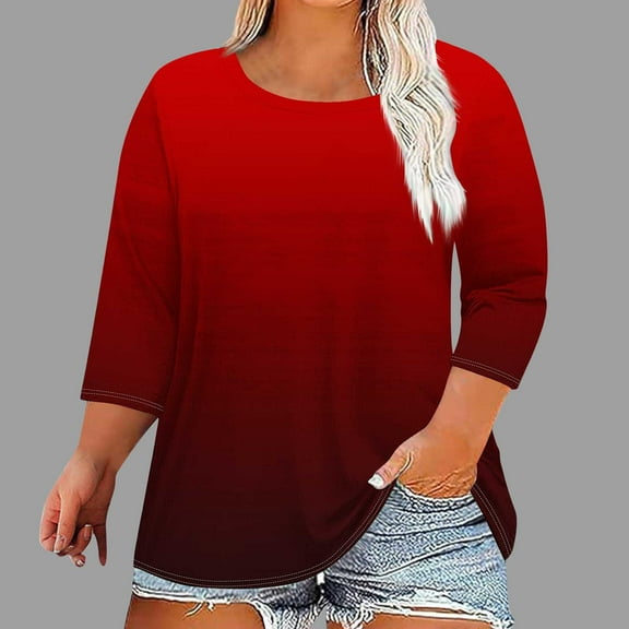 ylioge Womens Plus Size 3/4 Sleeve T Shirts L-5X Crewneck Tees Tops Ladies Trendy Gradient Printed Pullover Basic Loungewear Beach Work Tshirts Shirt