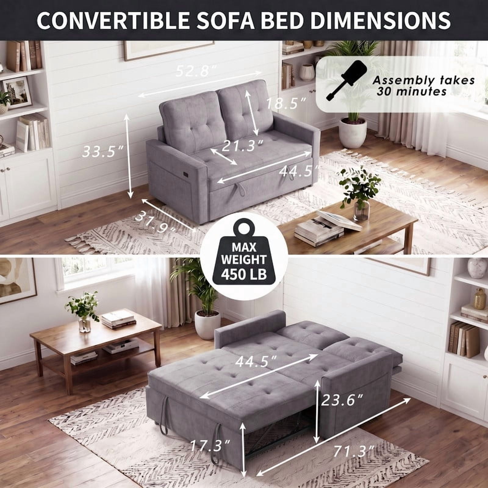 Gewnee 53" Sofa Bed, 3 in 1 Convertible Loveseat Sleeper Sofa, Pull Out Couch with USB Port, Futon Sofa Bed with Storage Pockets for Small Spaces, Teddy Fabric,Light Gray
