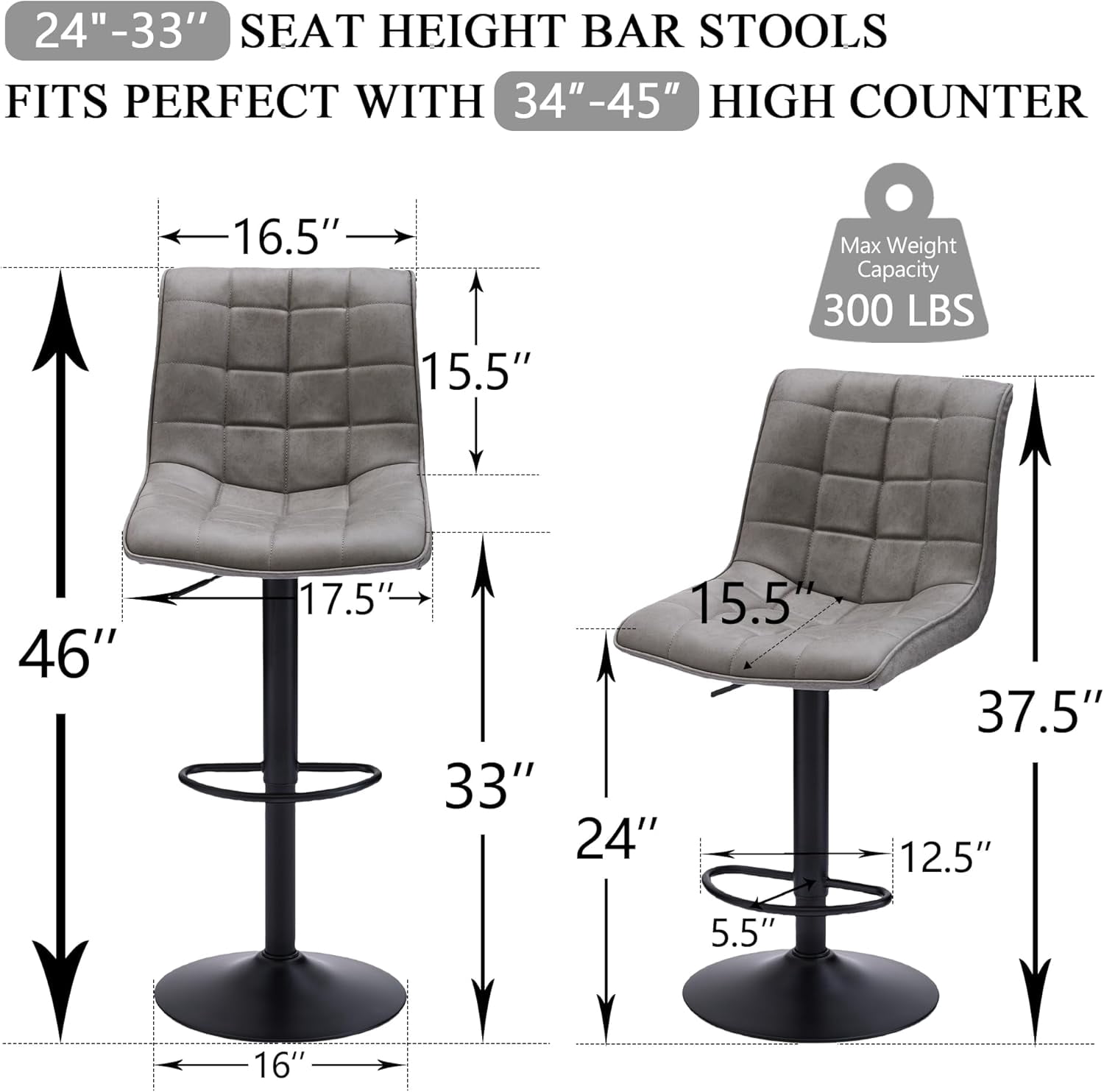 FIRAVOE Bar Stools Set of 2, Swivel Bar Height Bar Stools with Back (Adjustable 24"-33") Faux Leather Barstools Bar Chairs for Kitchen Island, Gray