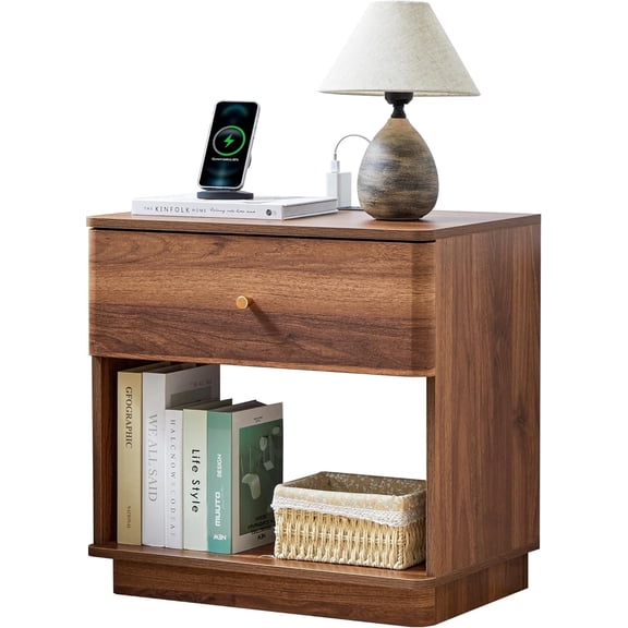 Modern Nightstand with Charging Station, 23 Inch Wide Bedside Table with Drawer and Open Cabinet, Curved Design for Bedroom, Living Room, Walnut-1PC