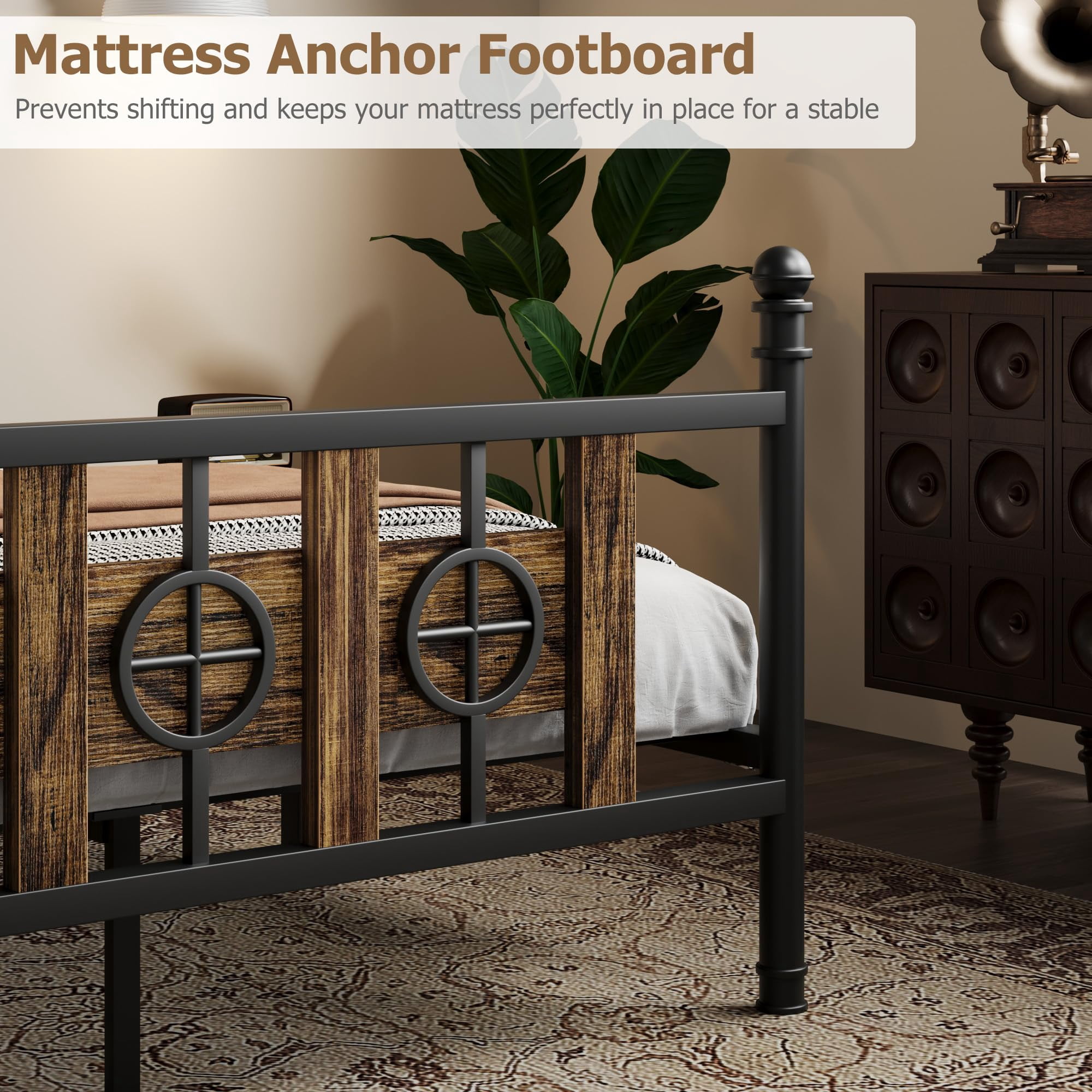Garvee Queen Size Bed Frame with Headboard and Footboard, Storage Space Under Bed &  Metal Queen Bed Frame w/ Vintage Circular Design, No Box Spring Required, Easy Assembly, Noise-Free Brown