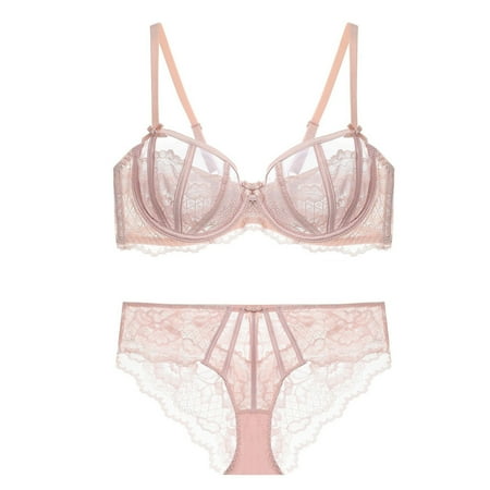WIZUTIZ Lingerie Set with Panty 2pcs Valentine Holiday Gift Underwear Corset Thin Sponge Transparent Bra With Large Chest&Small Lace Women s Sexy Lingerie Bra