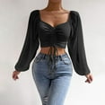 thumbnail image 3 of DuoJiaJ Women Casual Solid Color Blouse Drawstring Balloon Sleeve Skinny Cropped Long Sleeve Top Women’s Summer Tops Black, 3 of 5
