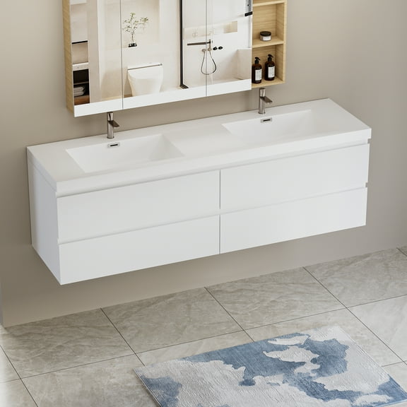 72" Floating Bathroom Vanity with Sink, Modern Wall-Mounted Bathroom Storage Vanity Cabinet with 2 Resin Top Basin and 4 Soft Close Drawers, Glossy White