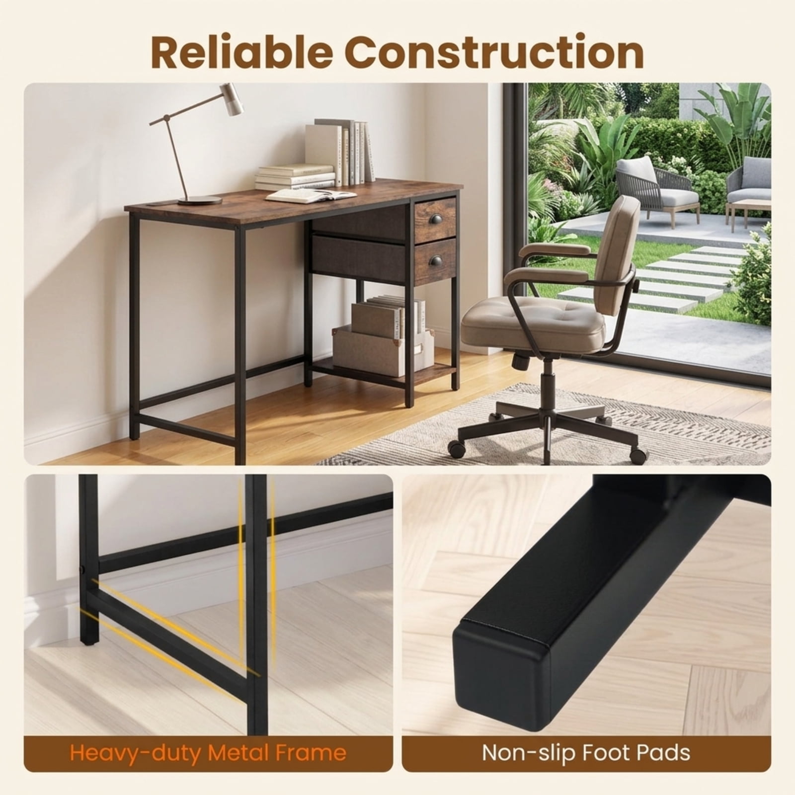 Furnibear Computer Desk Small Home Office Desk with Charging Station and 2 Fabric Drawers for Small Spaces Study, Rustic Brown