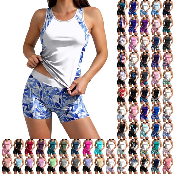2 Piece Swimwear For Women Crew Neck Built In Bra Tank Tops High Waist Shorts Stretchy Quick Dry Bathing Suit (XL, Light Blue)
