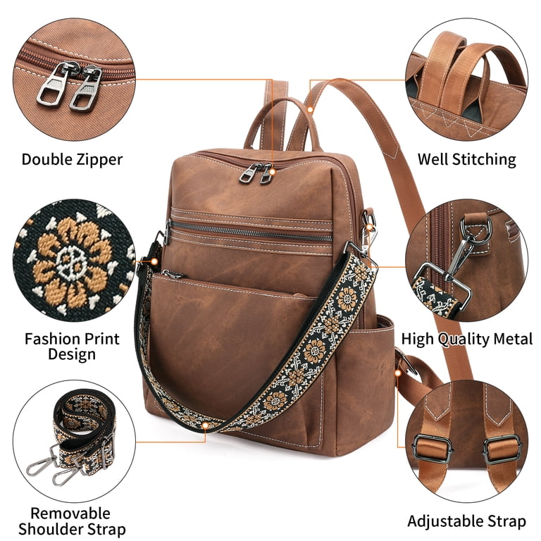 GOIACII Travel Backpack Purse, Vegan Leather Brown photo 5
