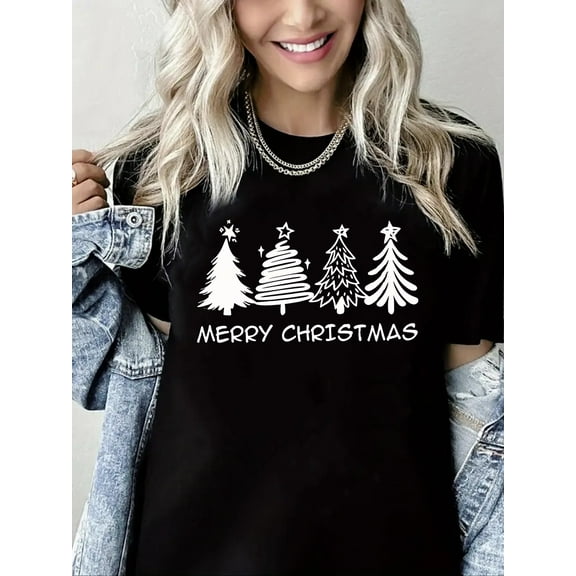 Merry Christmas Tshirt Christmas Tree Print Short Sleeve Shirt for Women