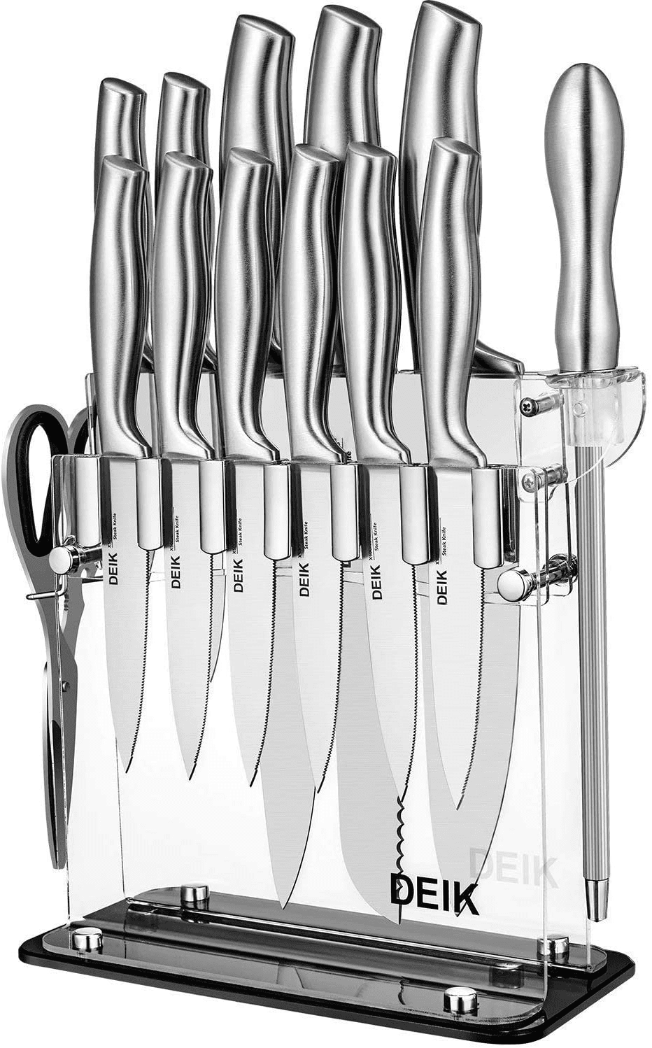 Deik Knife Set High Carbon Stainless Steel Kitchen Knife Set 14 Pieces Super Sharp Cutlery Knife Set with Acrylic Stand - Silver