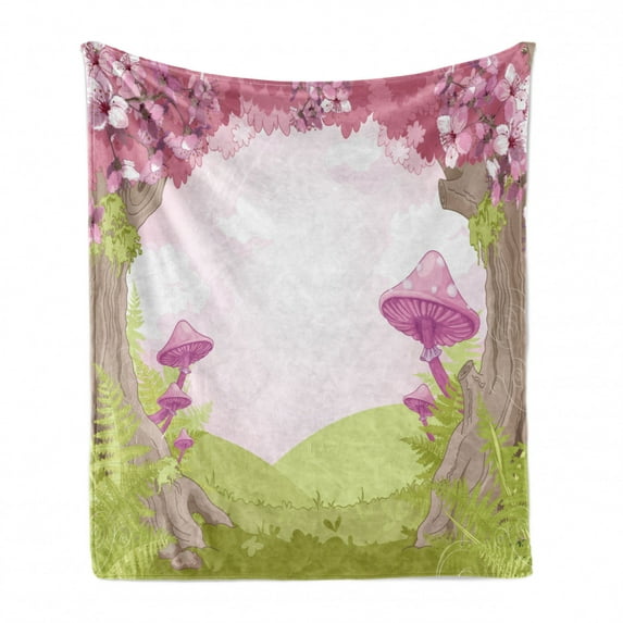 Mushroom Soft Flannel Fleece Blanket, Cherry Blossom Trees Fairytale Land Forest Surreal Fantasy Wonderland Image, Cozy Plush for Indoor and Outdoor Use, 70" x 90", Green Pink Brown, by Ambesonne