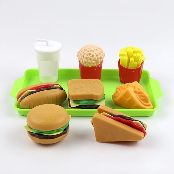 Pretend Play Fast Food Toy Set, 8PCS Plastic Hamburger Fries Pizza Drink Playset with Tray, Educational Role Play Kitchen Food Toys for Toddlers Kids, Birthday Gift for Boys Girls