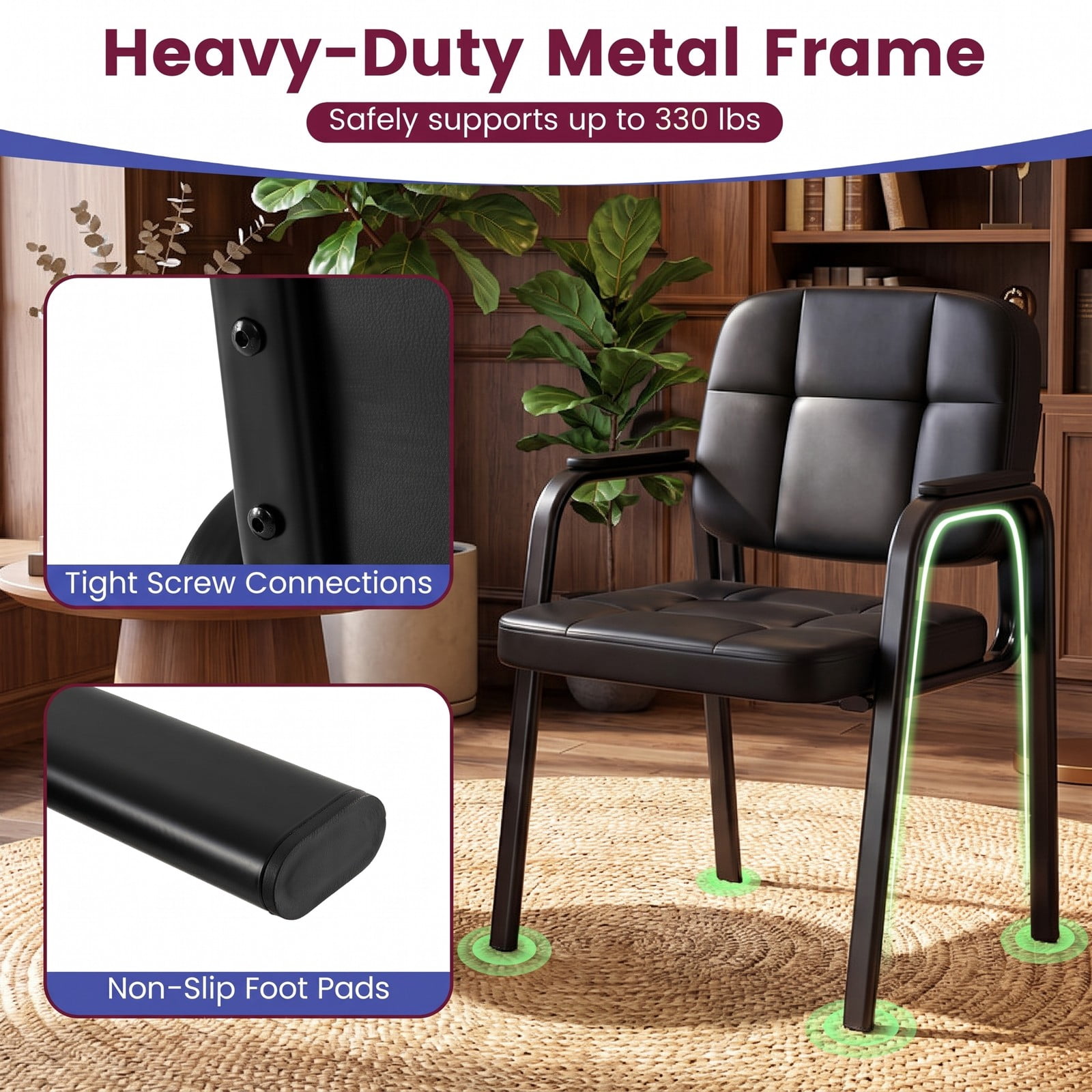 Furnibear Leather Office Reception Chairs, Set of 2 Waiting Room Guest Chairs with Padded Armrests, Ergonomic Waterproof PVC Sled Base Reception Seating for, Black