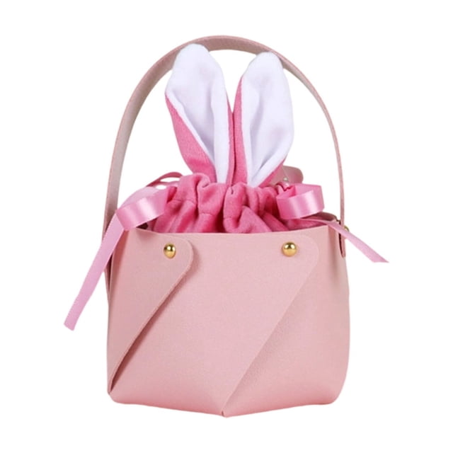 Easter Bunny Ear PU Leather Gift Bag, 3.94x3.15" Drawstring Bucket Bag for Easter Egg Hunts, Party Favors & Spring Decor