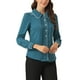 thumbnail image 4 of BLUSA CHIC PARA MUJER CON COLLAR PETER PAN Y MANGAS ABULLONADAS, CON TRIM CONTRASTANTE, CAMISA DE BOTONES TAMAÑO XL AZUL VERDE, 4 of 6