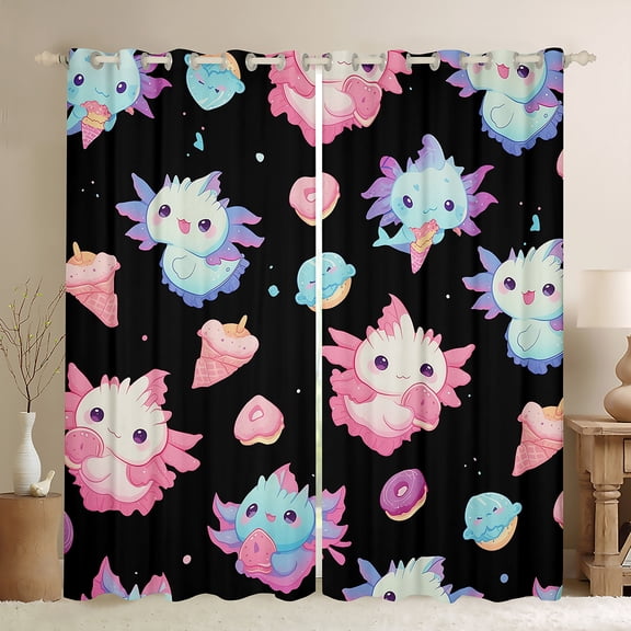 Homewish Cartoon Axolotl Blackout Curtains Set of 2 (52x84 Each) for Kids Girls, Kawaii Ice Cream Donut Window Curtains, Cute Animal Wildlife Curtains and Drapes, Black Bedroom Decor