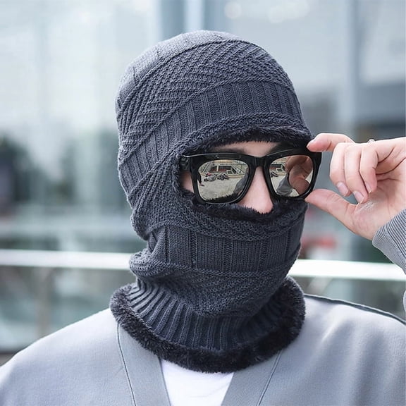 TELOLY Men Hat Plush Lining Autumn Winter Warm Knitting Cap Scarf Face Cover for Outdoor Red