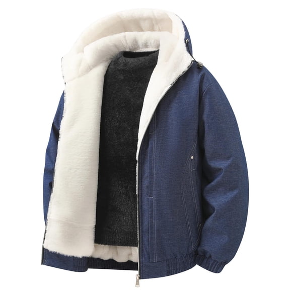 DAFPZW Hooded Denim Jacket for Men Thicken Warm Fleece Lined Long Sleeve Winter Coats Casual Outwear with Pockets