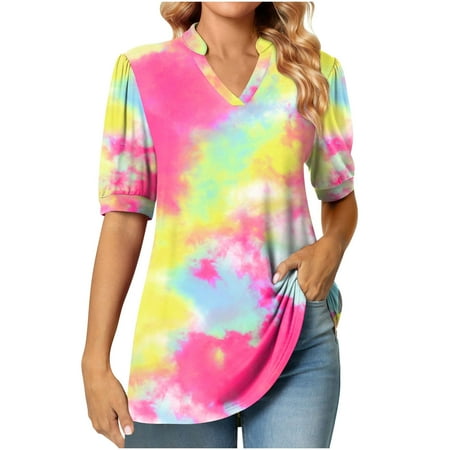 

Women s Fashion Printed T-shirt Short Sleeves Puff Sleeve Blouse V-Neck Casual Tops Women S Tops Tees & Blouses Hot Pink M