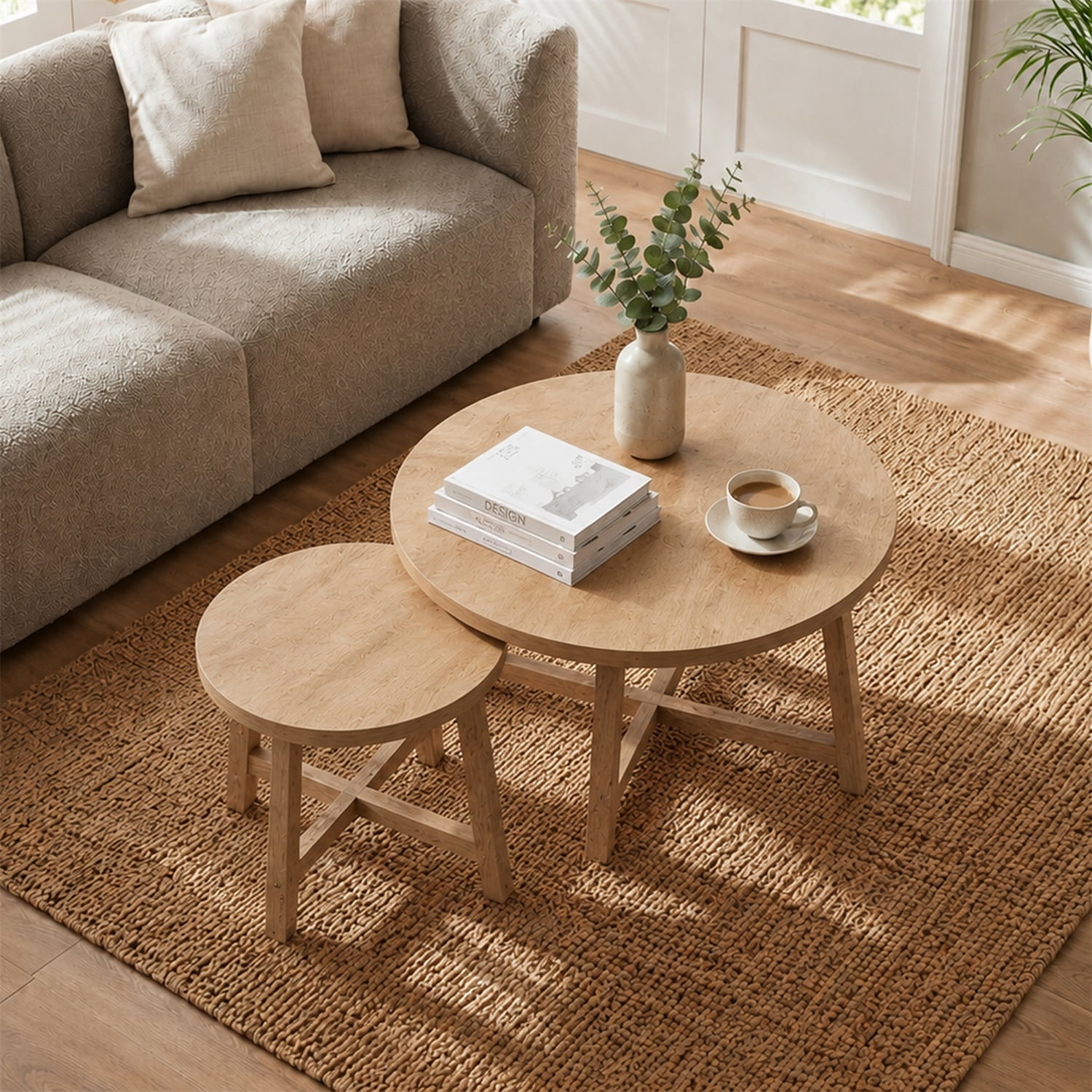 Hommoo 2-Piece Round Nesting Coffee Tables Set, X-Frame Stackable Modern Side Tables for Living Room, Bedroom & Balcony, Natural