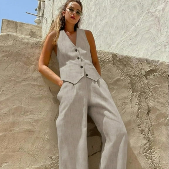 Women's Solid Color Sleeveless Casual Set in Beige with Vintage Vacation Style