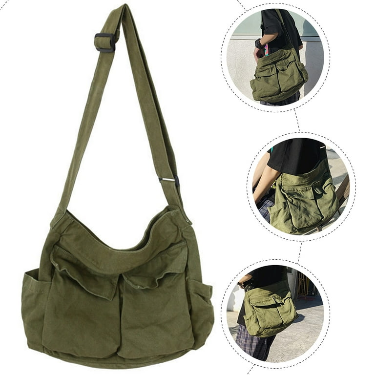 Green canvas shoulder bag, green large capacity canvas shoulder outlet bag