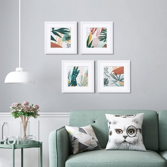 ArtbyHannah 4 piece 10x10 inch Botanical Gallery Wall Frame Set, White Square Picture Frame Set for Home and Office