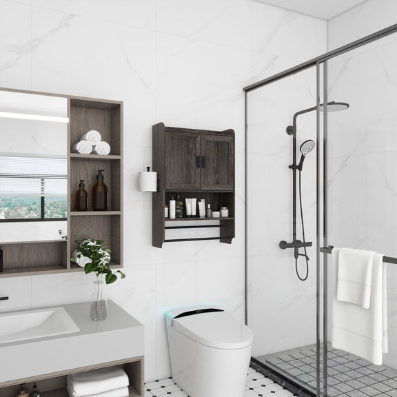 Gray Bathroom Cabinet with Adjustable Shelf, Towel Bar & Paper Holder – Over The Toilet Medicine Cabinet, Multifunctional Storage for Bathroom & Kitchen