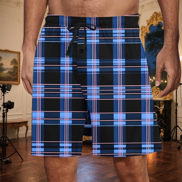 Ceisia Men's Gift Relaxed Knee-Length Plaid Shorts Elastic Waist Drawstring Purple-Black Multi-Color