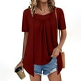 thumbnail image 3 of JTZGDY Summer Tunic Tops for Women to Hide Belly Fake Two Piece Short Sleeve Casual Solid Color V Neck Ruched Pleated T-Shirts Loose Flowy Layered Blouse for Leggings Wine XXL, 3 of 9