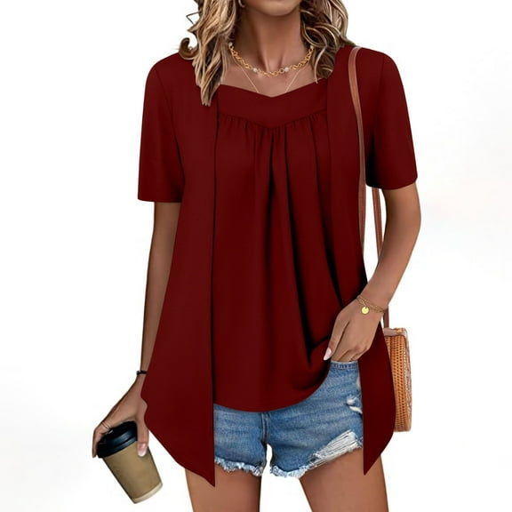 Busydd Spring Tops for Women Trendy Solid Color Pleated Womens Tops Casual V Neck Short Sleeve Summer Tops Comfortable Flowy Going Out Tops for Women