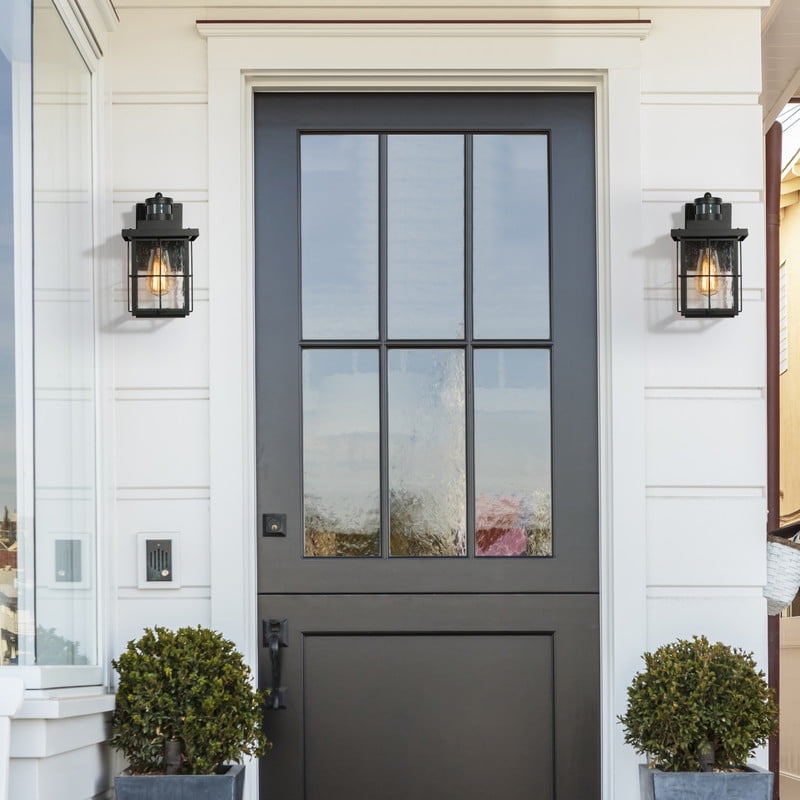 LNC 2-Pack Motion Sensor Outdoor Wall Lanterns, Seeded Glass, Dusk to Dawn, Black, 10.5" H