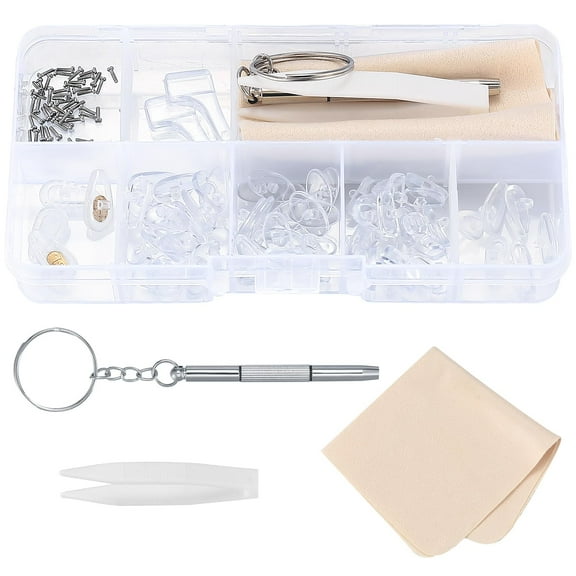Eyeglass Nose Pads, Eyeglass Repair Kits with Nose Pads, Silicone Eyeglasses Nose Pads Replacement Kit Screw-in for Eyeglasses Sunglasses, with Screwdriver, Glasses Cloth, Small Screws and Storage Box