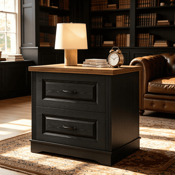 Catrimown 24 Inch Wide Black Farmhouse Nightstand, wooden side cabinet with 2 drawers, versatile storage furniture for bedroom and living room use