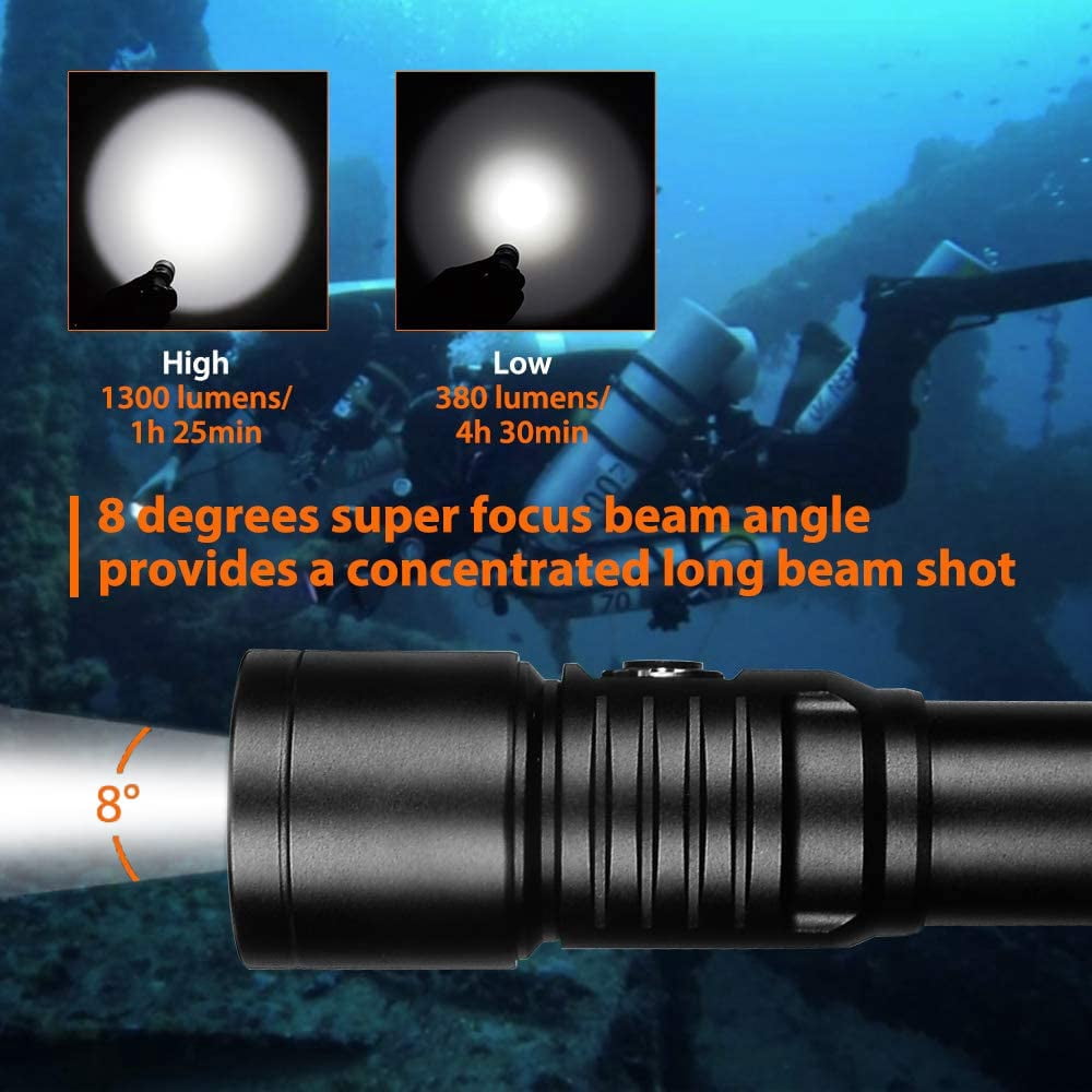ORCATORCH D530 Rechargeable Scuba Dive Light with Spare Battery, Cold White 1300LM Super Bright Scuba Diving Flashlight, Waterproof Submersible Torch for Underwater 150m Diving