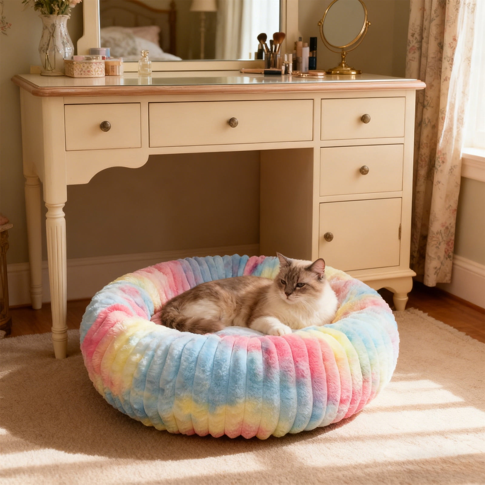 Uutvery 60cm Rabbit Plush Pet Bed, Extra Large Warm Cat Bed for Medium Dogs, Enclosed Plush Pet Kennel with Supportive Filling, 23.62x23.62 Inch
