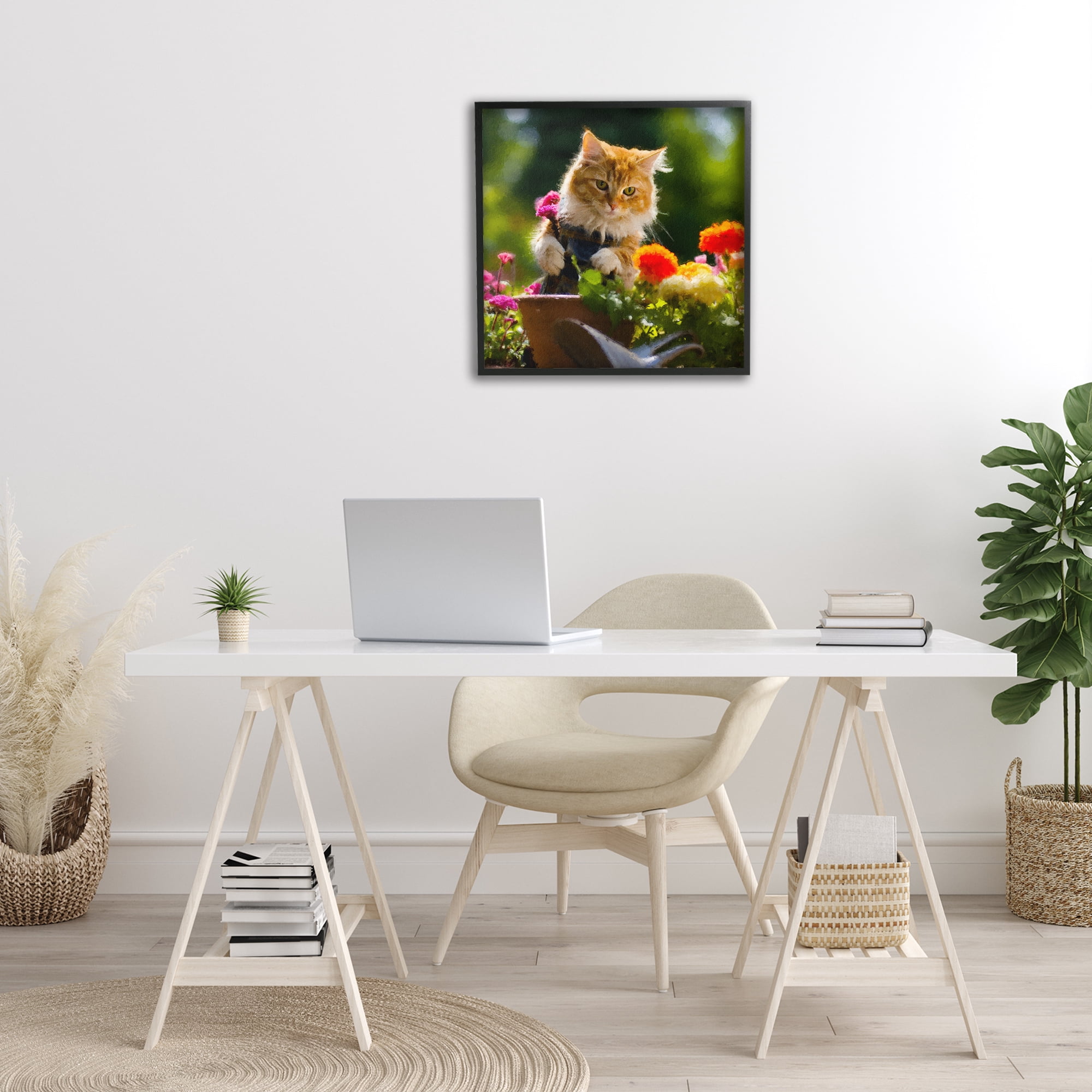 Stupell Industries Spring Gardener Kitten Animals & Insects Painting Black Framed Art Print Wall Art, 24 x 24