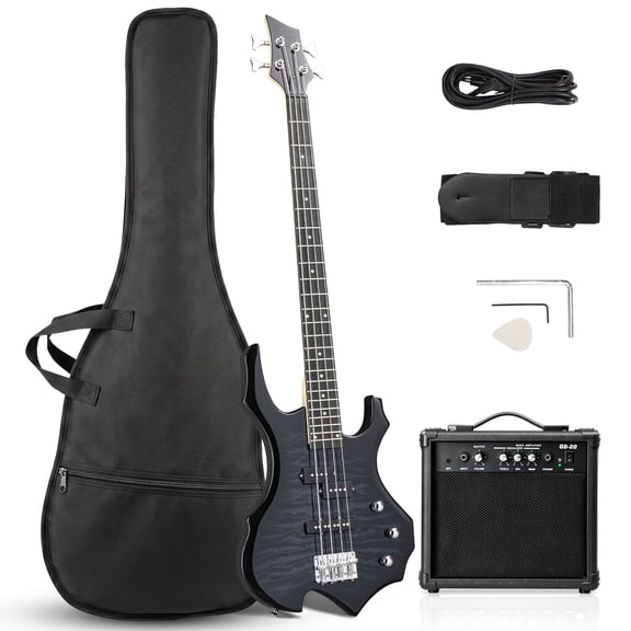 Ktaxon 44in Electric Bass Guitar with 20W Amp, 4 String Flame Style Bass Guitar Starter Kit, Black
