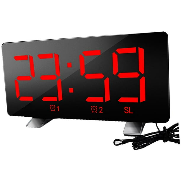 Reloj despertador digital con espejo LED de 6 pulgadas y radio FM, compatible con alarmas duales. Negro rojo