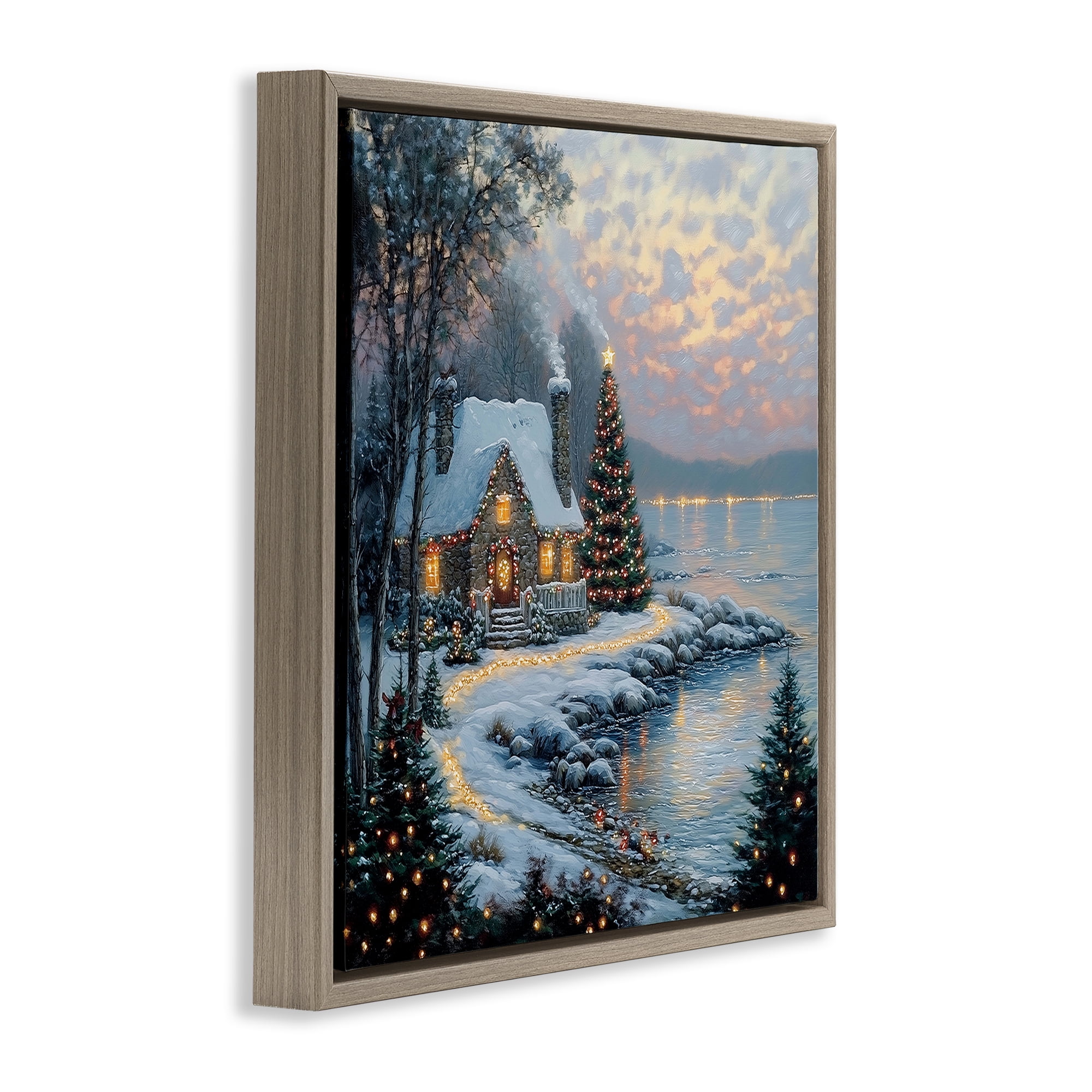 Stupell Industries Snowy Lit Cottage by Lake Brown Framed Floater Canvas Wall Art, design by Heidi Kuntz