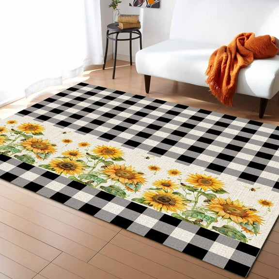Area Rugs Indoor Non-Slip Rectangle Rug 5x8 Ft Farmhouse Sunflowers Black And White Plaid Linen Texture Rug Rubber Backing Floor Mats Non Shedding Home Decor Carpet for Entryway Living Room