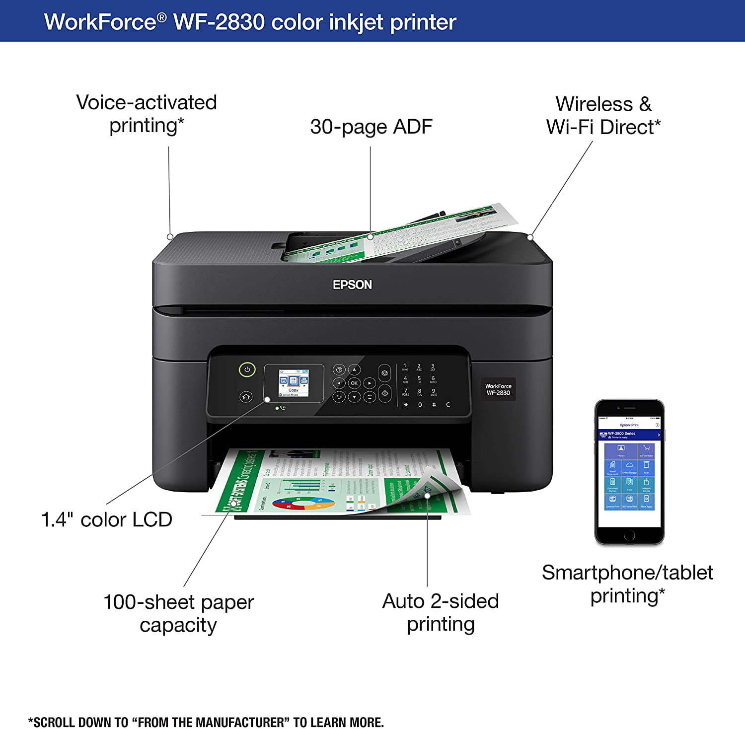 Epson Workforce WF2830 AllinOne Wireless Color Printer with Scanner