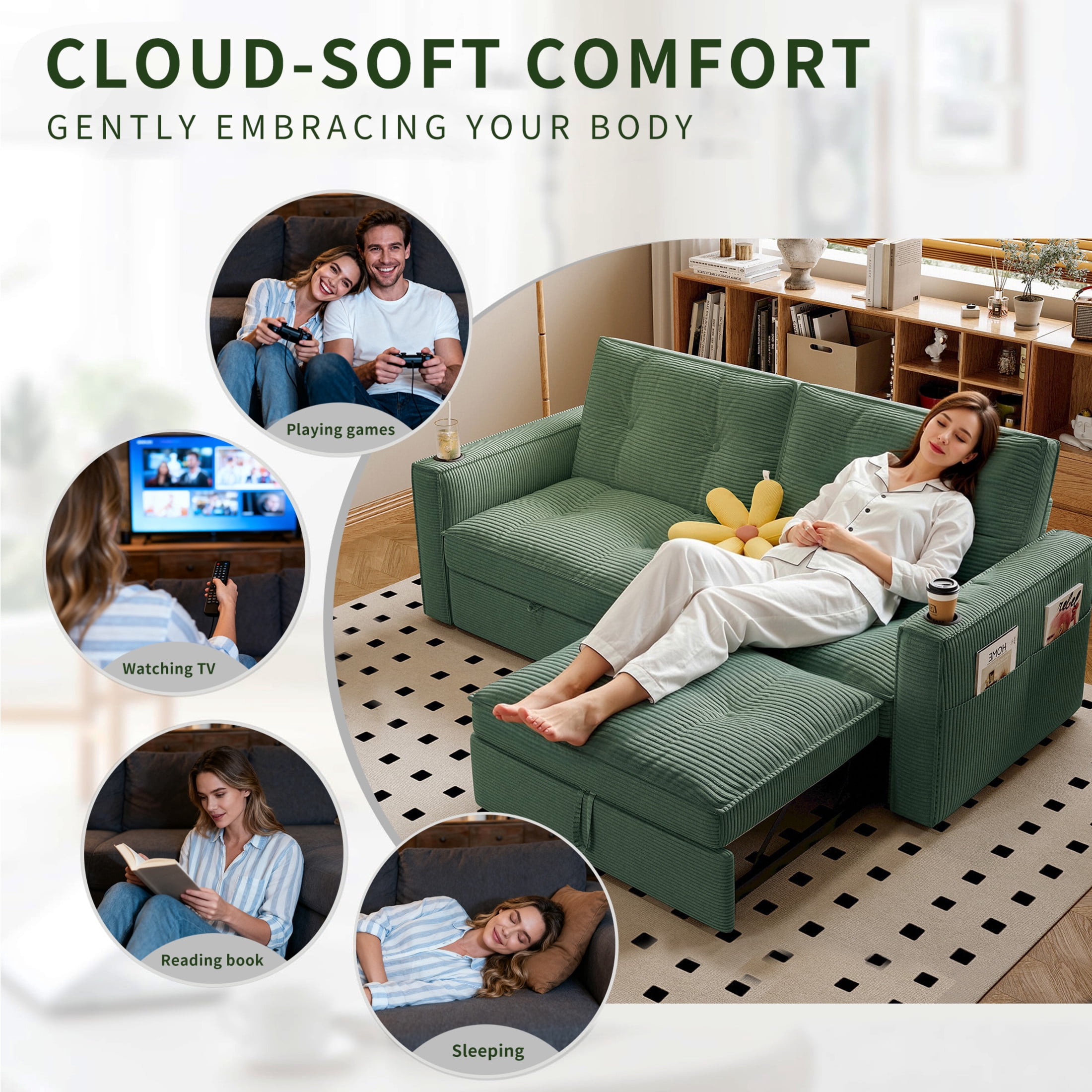 Noble House 2-in-1 Convertible Pull Out Sofa Bed with Adjustable Backrest, 73" Modern Corduroy Sleeper Couch, Green