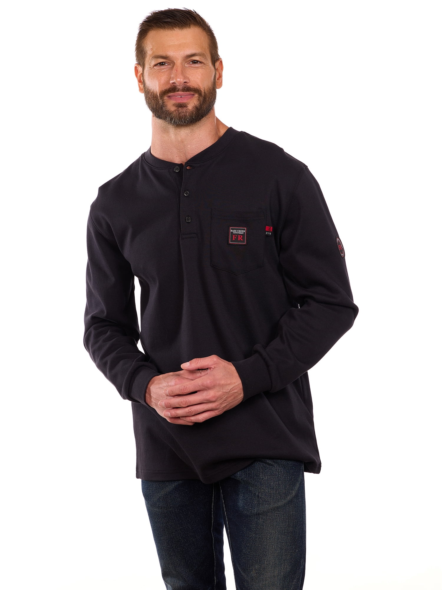 Bass Creek Outfitters Men's Flame Resistant Long Sleeve Henley Knit Top, Sizes M-2XL