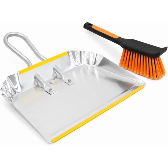PHYEX 17" Heavy Duty Metal Dust Pan with Brush Set, Large Wide Mouth Dustpan with Stiff Bristle Cleaning Brush for Garage, Yard, Fireplace Ash, Wood Stove, Workshop and Outdoor Cleanup, Silver